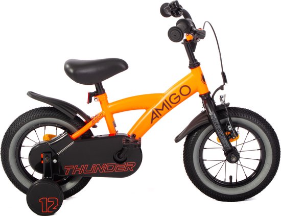 AMIGO Thunder Boys Bicycle 12 pouces - Vélo pour enfants de 2 à 4 ans - 90-105 cm - Avec Roues d'entraînement - Oranje/ Zwart