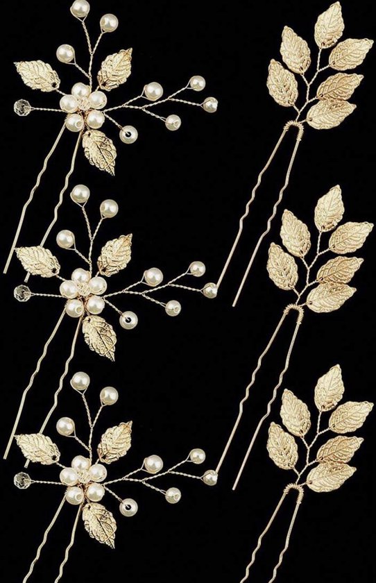 Haarsieraden op een goudkleurige pin versierd met goudkleurige blaadjes en ivoorkleurige parels (huwelijk, communie, cosplay)
