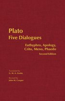 Boek kaft met de titel Plato Five Dialogues, Second Edition. Euthyphro, Apology, Crito, Meno, Phaedo.