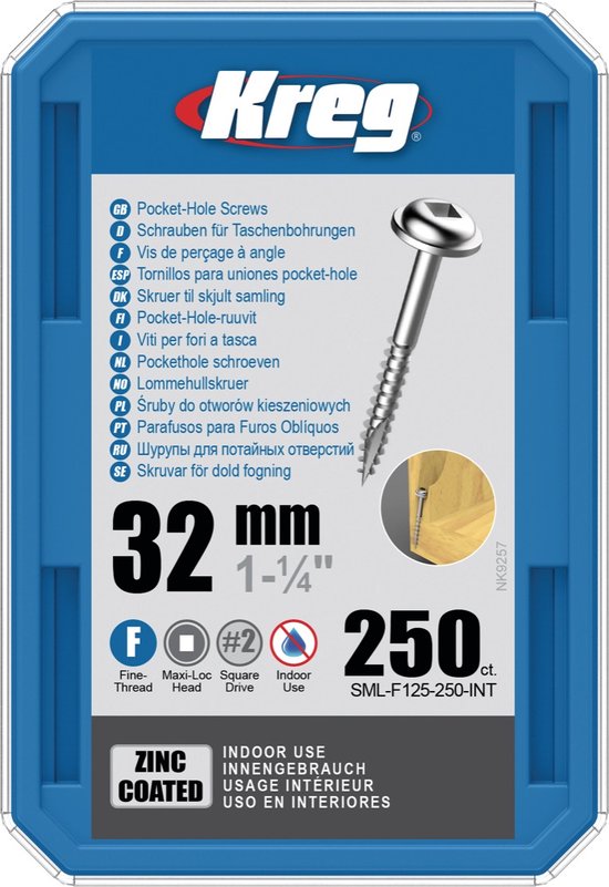 Kreg Pocket boring schroeven met sluitringkop, fijn, 32 mm, #7, zink gecoat, 250 stuks