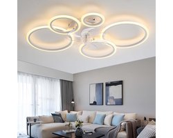 LuxiLamps - 5 Ringen Plafondventilator - Wit - 6 Snelheden - Dimbaar Met Afstandsbediening en APP - Moderne Cirkel Ventilator Licht
