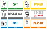 Afval stickers - set van 6 stickers op papierbasis 8x20 cm - restafval - plastic -papier - PMD - GFT - bekers - vuilnisbak sticker - afvalbak sticker - container stickers (NL)