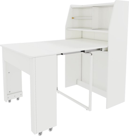 Witte uittrekbare tafel met bureau-element, uitgeschoven.