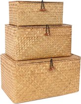 Set van 3 Plankmand met Deksel voor Home Decor Zeegras Opbergmanden Natuurlijke Rotan Geweven Rechthoekige Organizer Box (Set van 3) storage basket