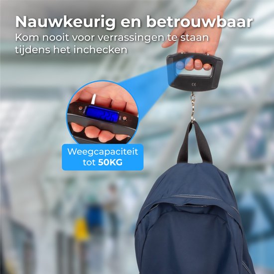 Zwarte kofferweegschaal met haak weegt nauwkeurig tot 50kg, een hand wordt getoond die de weegschaal vasthoudt.