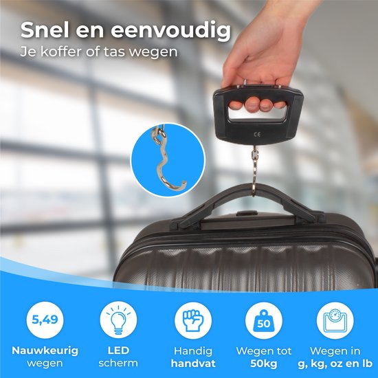 Zwarte kofferweegschaal met haak weegt tot 50kg, heeft een LED scherm en handig handvat.