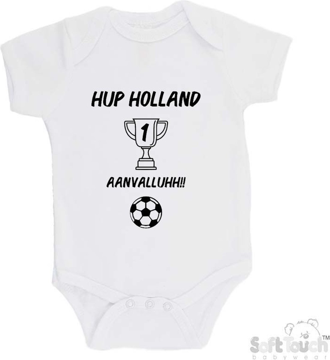 100% katoenen Romper "Hup Holland AANVALLUHH!!" EK Voetbal Europees Kampioen Kampioenschap Oranje Unisex Katoen Wit/zwart Maat 62/68