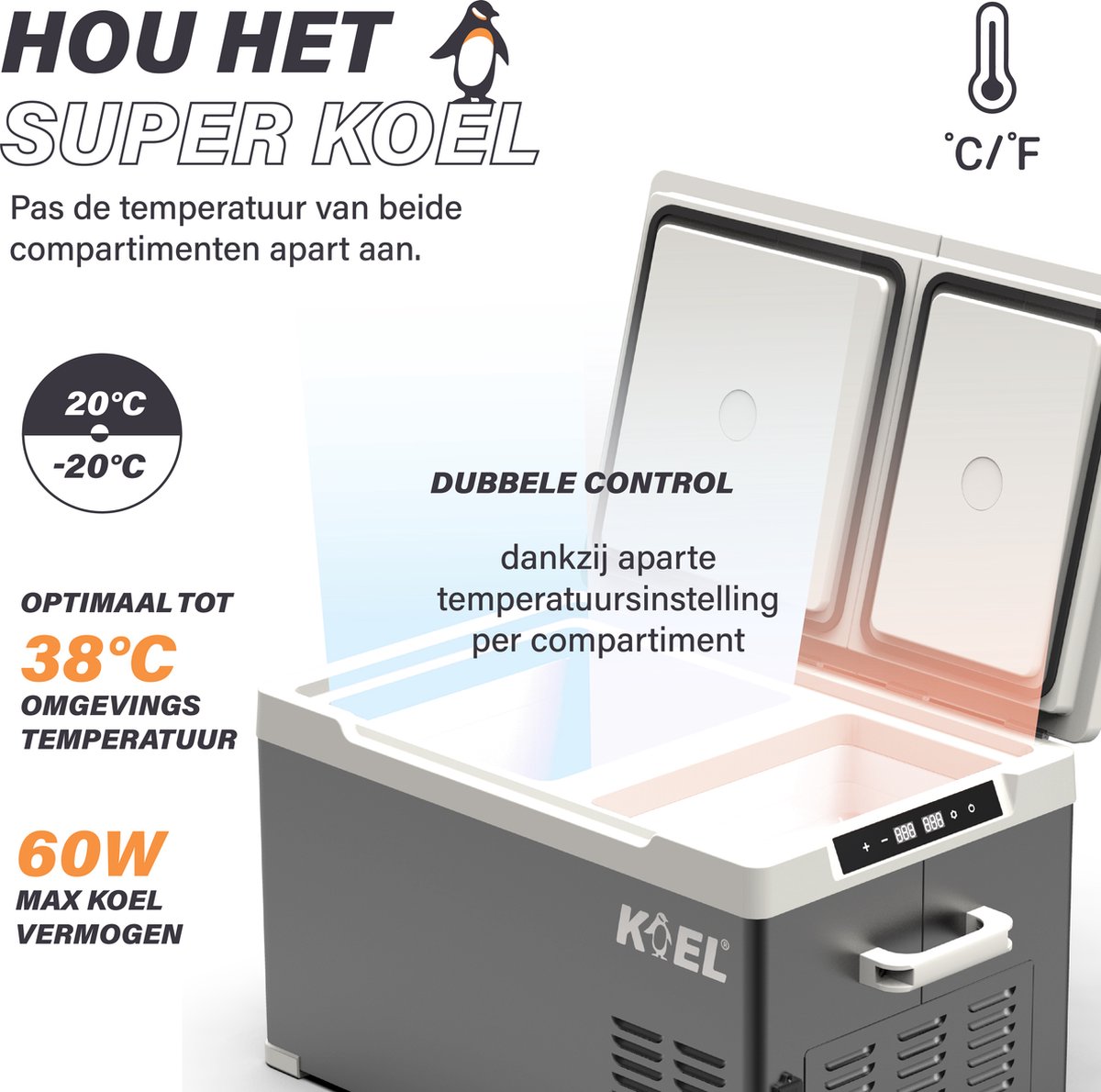 KOEL Crate Dual 30L - Elektrische Compressor Koelbox met App-bediening - 12V Auto Accu en 220V/230 Volt - Dual Zone Frigobox voor Camping - Koelkast & Vriezer tot -20°C – foto 8