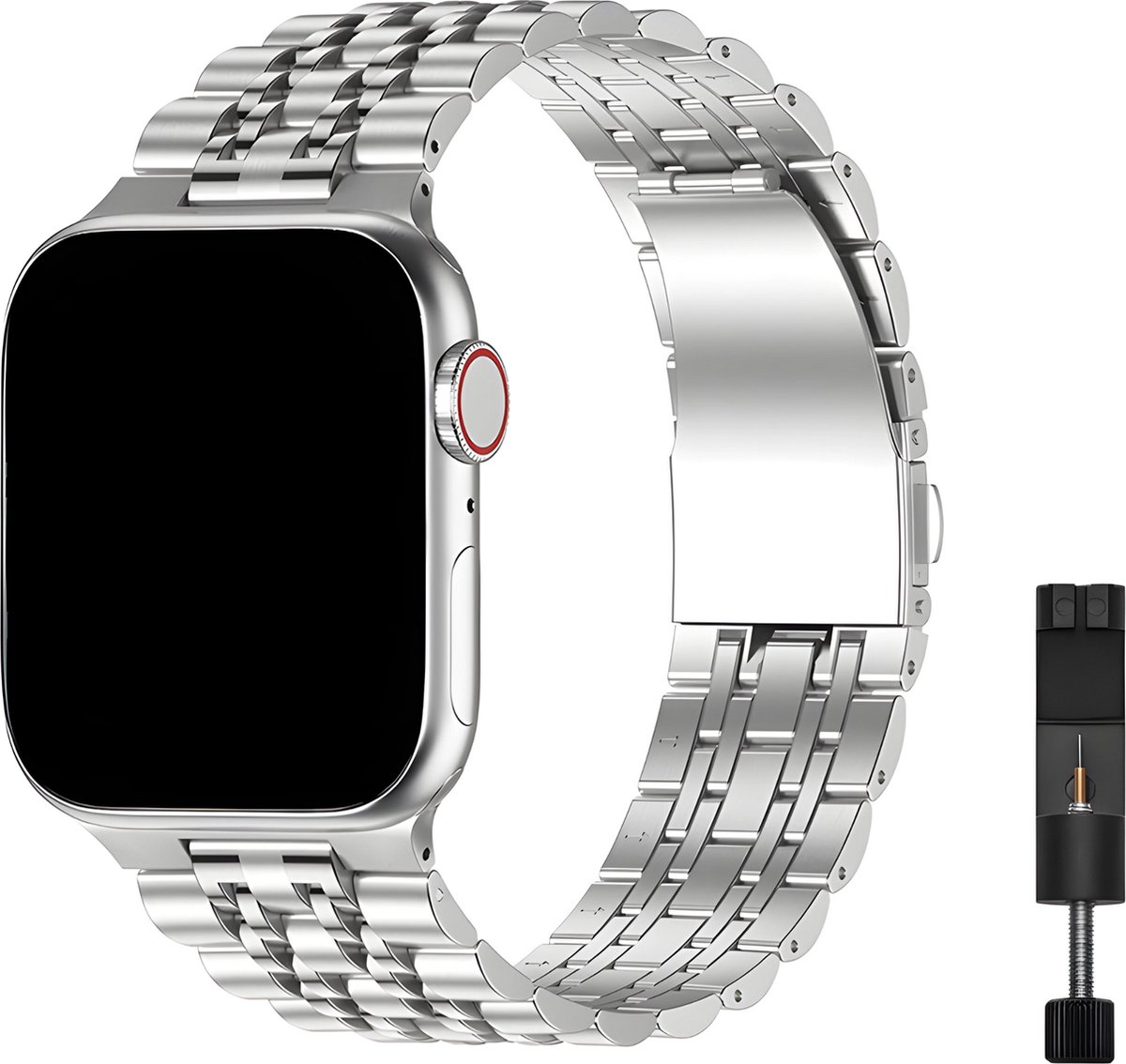 Innerlight® Grandeur - Zilver - 42/44/45/46/49mm - Metalen bandje geschikt voor Apple Watch - Stainless Steel Watch Band - Roestvrijstaal - Horlogeband - Geschikt als Apple watch bandje voor Series 1/2/3/4/5/6/7/8/9/10/11/SE/Ultra/Ultra 2