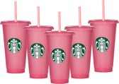 Starbucks Beker - 5x Drinkbeker Roze Glitter Cup - Holiday Cup- Met Rietje en Deksel - Herbruikbaar- ijskoffie beker - Milkshake beker