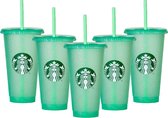 Starbucks Bekers - 5x Drinkbeker Blue Glitter Cup - Holiday Cup - Met Rietje en Deksel - Herbruikbaar- ijskoffie beker- Milkshake beker