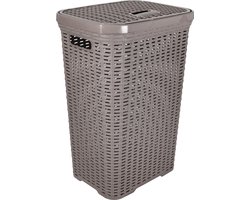Hega Hogar Wasmand met deksel Rotan - taupe - gevlochten kunststof - 60 liter - 34 x 43 x 62 cm