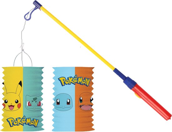 Pokemon lampion - multi kleuren - H28 cm - papier - met lampionstokje - 43 cm