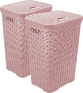 Hega Hogar Wasmand met deksel Rotan - 2x - roze - gevlochten kunststof - 60 liter - 34 x 43 x 62 cm