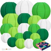 Fissaly 20 Stuks Lampionnen Set Versiering Groen & Wit – Feest Decoratie – Verjaardag, Jungle & Safari Thema - Papier