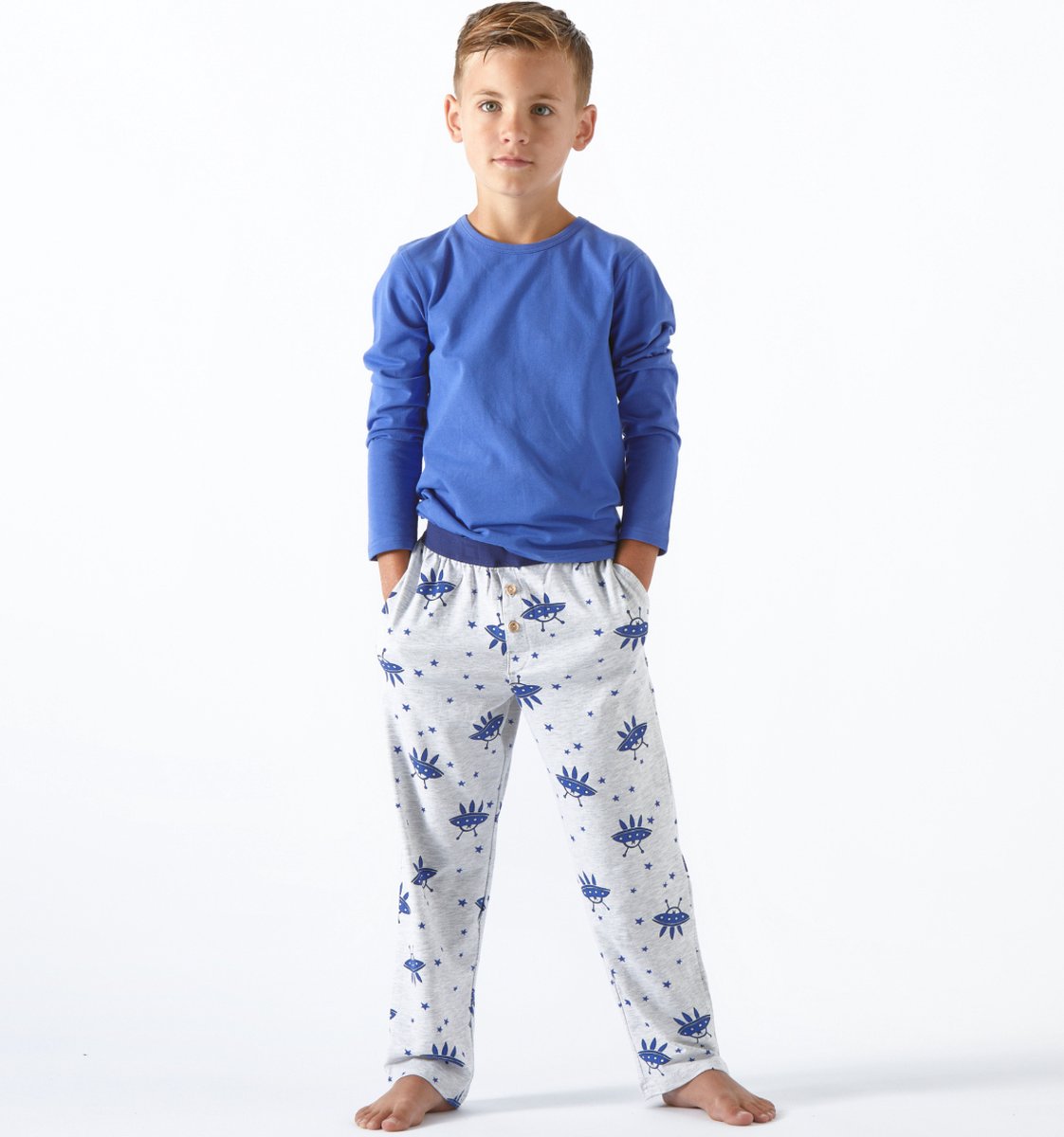 Little Label Pyjama Jongens Maat 122-128/8Y - grijs, blauw - Marsmannetjes - Pyjama Kind - Zachte BIO Katoen