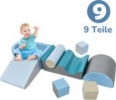 9-delige bouwstenen om rond te rennen en te klimmen. Bouwstenen voor kinderen. Trappen, glijbaan en ballenbak voor kinderen voor kleuters en baby's, zachte bouwstenen, kleurrijk. Zonder bal.