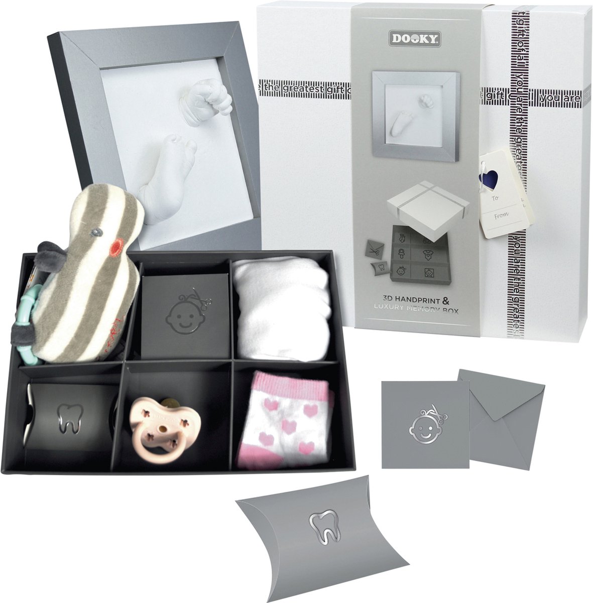 Dooky 3D Baby Hand- en Voetafdruk Lijst met Memory Box – Foto en Gips Afdrukken – Huidvriendelijk & Eenvoudig te Maken – Kraam- of Cadeau Geschenk