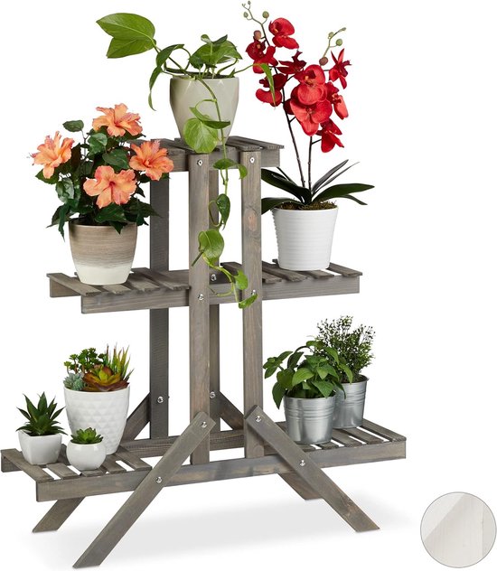 Relaxdays plantenrek van hout, 3 laags met 5 plateaus, shabby chic, binnen, HBD: 83x83x28 cm, plantentrap, wit