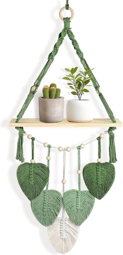 Macramé Muur Opknoping Plank Boho Muur Decor Plant Hanger - Houten Drijvend Opbergrek voor Fotolijsten en Planten - Slaapkamer Woonkamer hexagon shelves