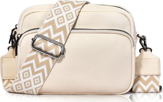 Crossbody tas voor dames - Beige/creme - 22 x 16 x 8 cm - Met aztec schouderriem - Schoudertas voor vrouwen - Verstelbare schouderband - Handtas met ritsen - Waterbestendig - Zilveren hardware - Telefoontas - Festivaltas - PU leer