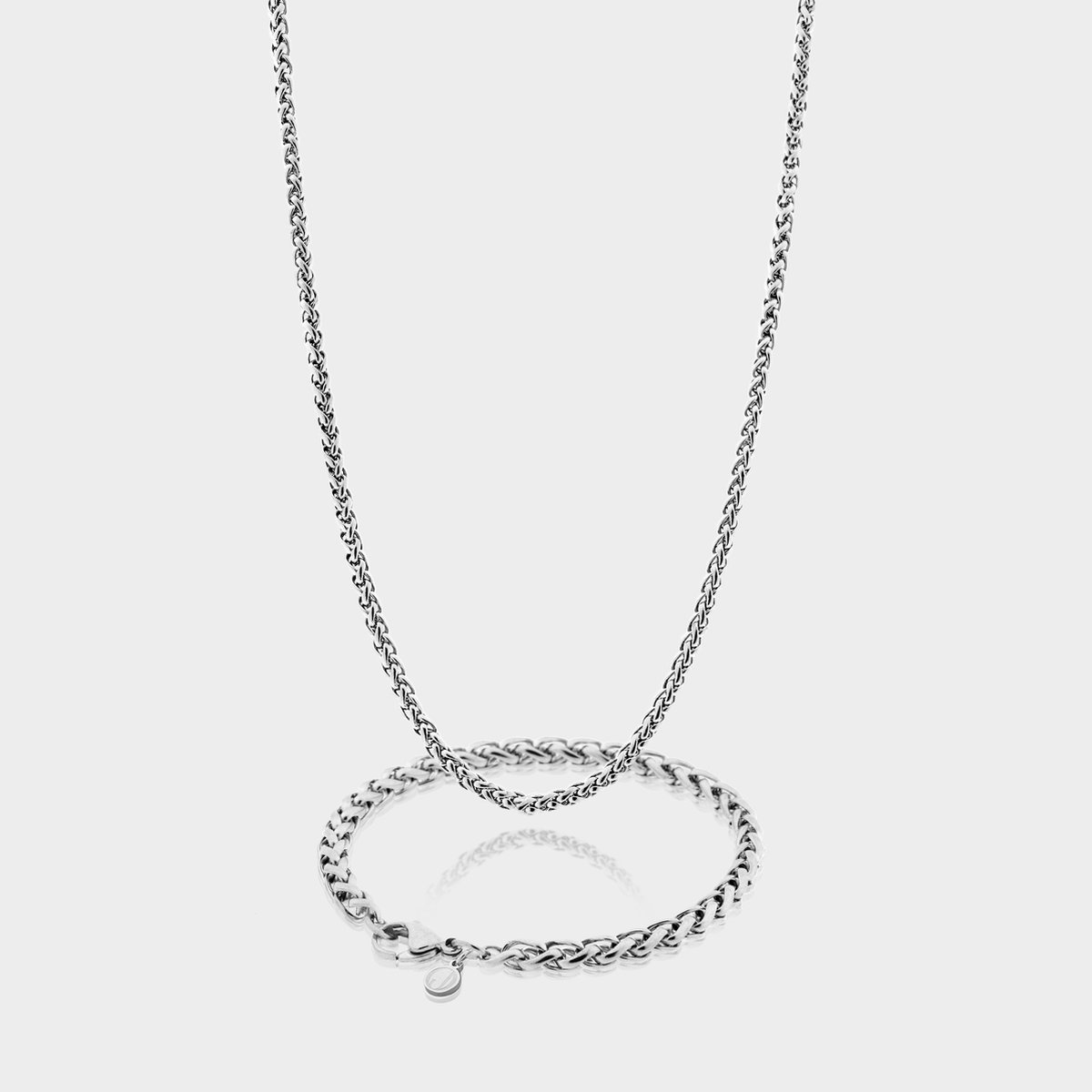 Wheat Ketting 3 mm x Wheat Armband 5 mm - Zilveren Schakelketting en Schakelarmband Heren - 50/21 cm lang - Olympus Jewelry