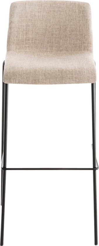 Vooraanzicht van een crèmekleurige stoffen barkruk met een zwart metalen frame.