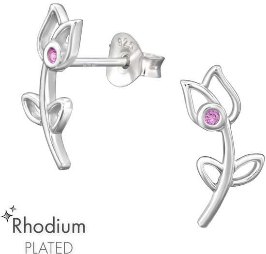 Joy|S - Zilveren tulp bloem oorbellen - 7 x 13 mm - roze zirkonia - oorknoppen - gehodineerd / rhodium