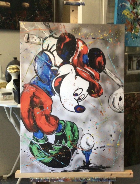 Schilderij - Mickey Mouse- Mixed Media- Katoenen canvasdoek op houten frame-100x70cm