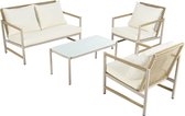 Merax Gartenlounge-Set, Gartenmöbel-Set mit verzinktem Stahlgestell (4-teiliges Esstisch-Set, 1 2-Sitzer-Sofa, 2 Einzelstühle, 1 Tisch), Glastischplatte, PE-Rattan, beige, inklusive Kissen