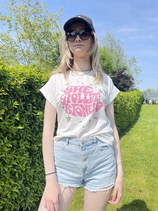 Dames T-shirt wit- Dames T-shirt roze opdruk- Dames T-shirt one