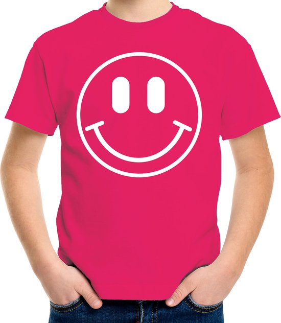 Bellatio Decorations Verkleed shirt jongens - smiley - roze - carnaval - feestkleding voor kinderen 110/116