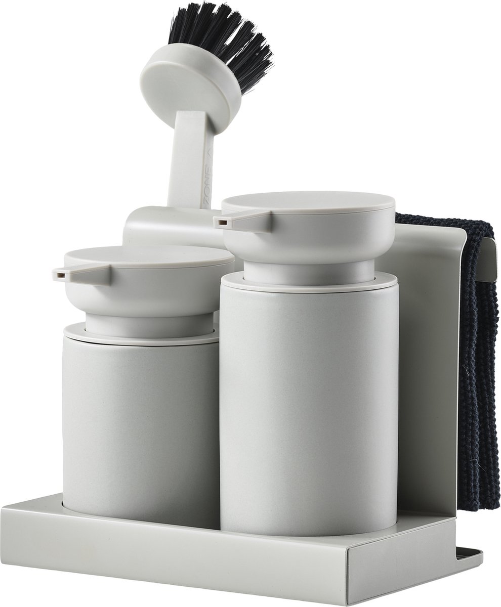 Goedkoopste Zone Denmark DIISH Afwasset met duo zeepdispenser voor afwasmiddel en handzeep- keukenorganizer -Warm Grey - afwas set