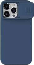 Nillkin CamShield Hoesje Geschikt voor de Apple iPhone 15 Pro Max - Geschikt voor Draadloos Opladen met Magnetische Ring - Siliconen Back Cover - met Camera Slider Blauw