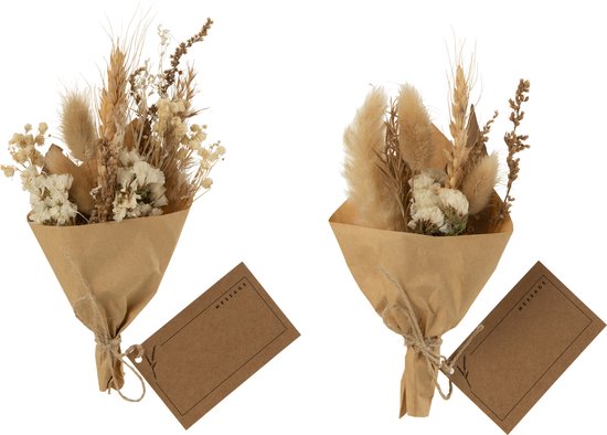 J-Line Droogbloemen Droogboeket - Bundel Gedroogde Bloemen In Papier Wrap Naturel Assortiment Van 2