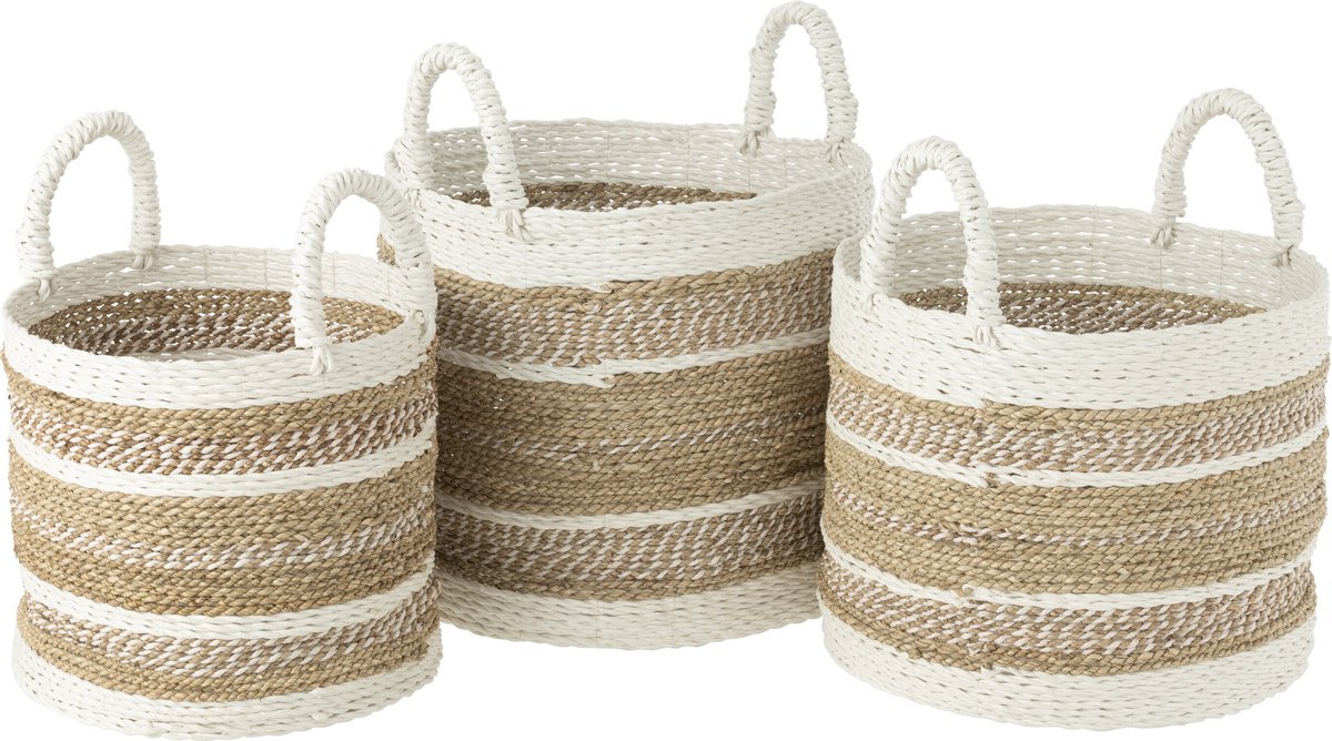 J-Line mand Caro - raffia - wit/naturel - 3 stuks