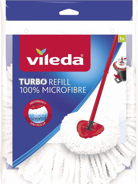 Recharge Vileda Turbo, 100% microfibre, serpillière blanche avec tête rouge.
