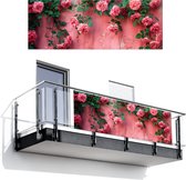 Balkonscherm 300x110 cm - Balkonposter Roze - Bloemen - Rozen - Bladeren - Balkon scherm decoratie - Balkonschermen - Balkondoek zonnescherm