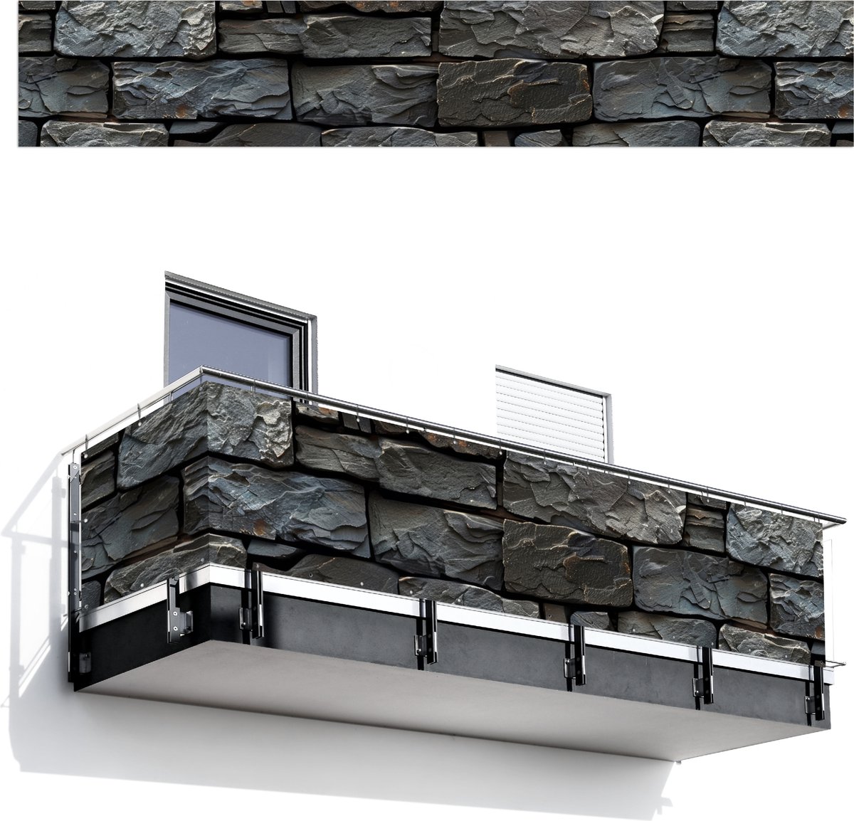 Balkonscherm 500x90 cm - Balkonposter Steenlook - Antraciet - Grijs - Balkon scherm decora