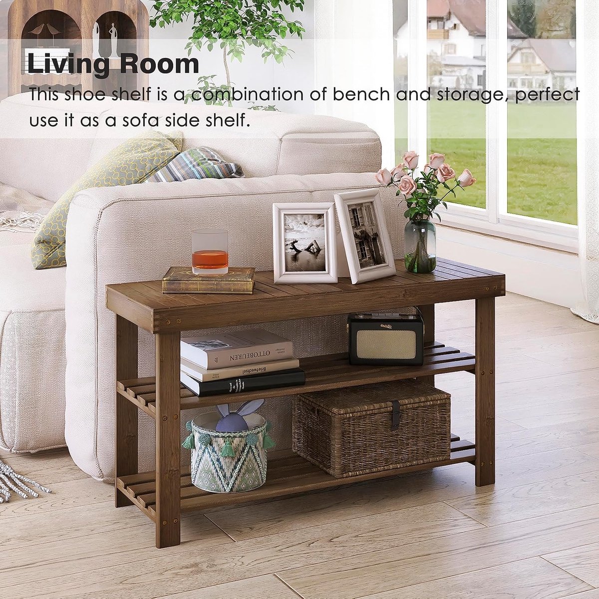 SMIBUY Bamboe Schoenenrek Bank, 3-Tier Schoen Organizer Opbergplank