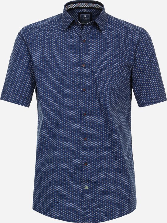 Redmond comfort fit overhemd - korte mouw - popeline - blauw dessin - Strijkvriendelijk - Boordmaat: 47/48
