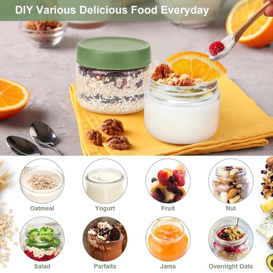 Verres D'Avoine De Nuit 300ml Avec Couvercle Hermétique - 2 Pots En Verre Borosilicaté Pour Yaourt Et Repas Préparés