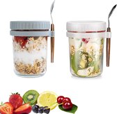 Herbruikbare Glazen Yoghurtpotten - Set van 2 (350 ml) met Lepel en Deksel | Muesli To Go Mason Jars met Meetmarkeringen | Ideaal voor Salades, Melk, Muesli en Vruchten