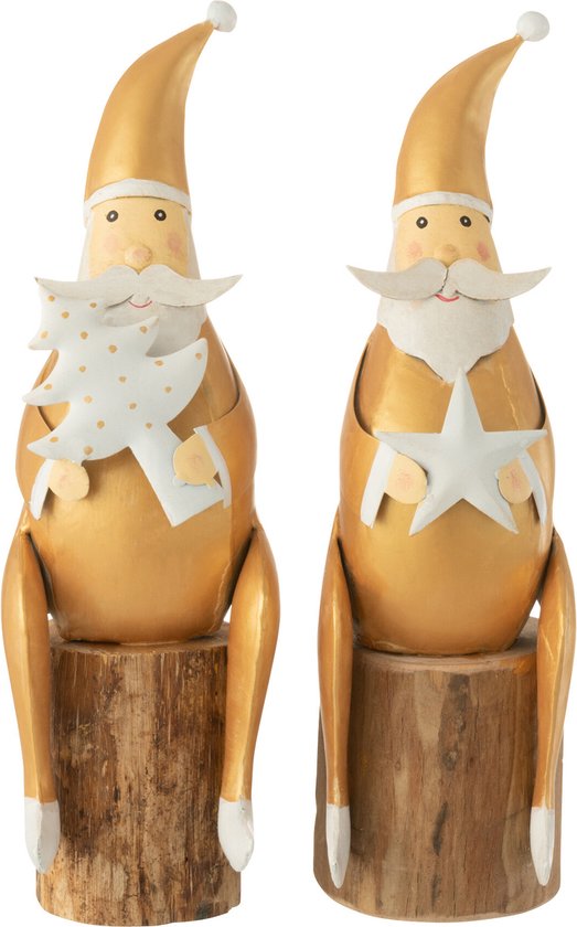 J-Line kerstfiguur Op Voet - ijzer/hout - wit/goud - 2 stuks