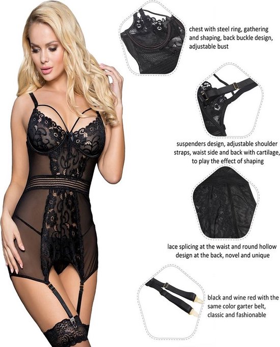 Nuisette élégante en maille noire avec bretelles | Taille 44 | Lingerie sexy élégante