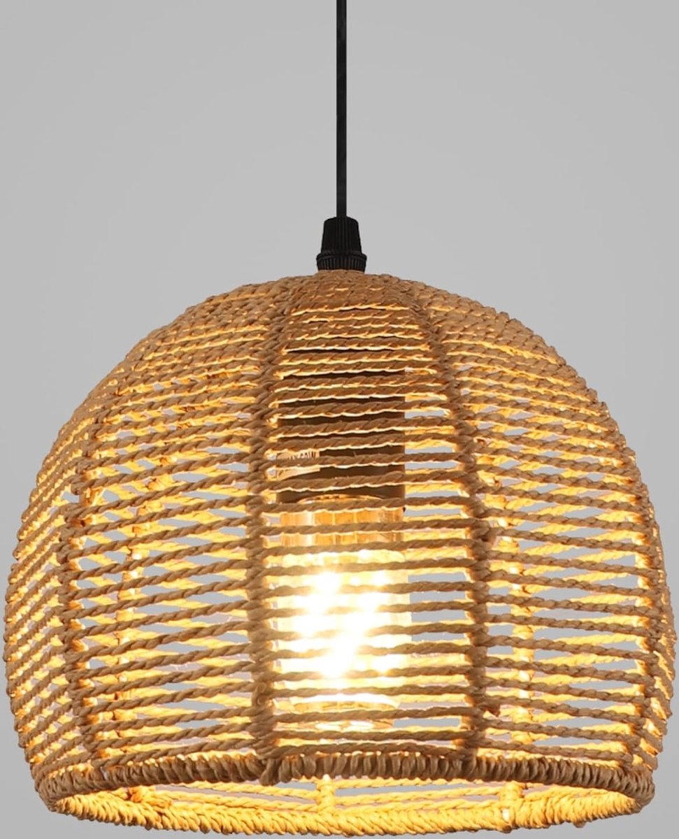 Bamboe Geweven Hanglamp-20*20cm -Zwart Chassis-Hangdraad 1,2m- E27 Lichtkop (Lichtbron Niet Inbegrepen)