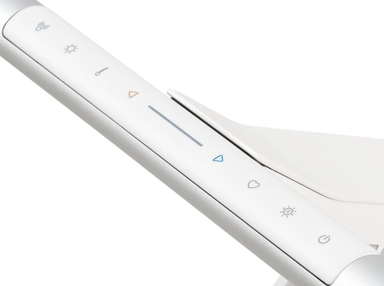 Detail van het bedieningspaneel van de zilverwitte BenQ Screenbar Pro met icoontjes voor aan/uit, helderheid en hartje.