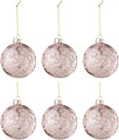 J-Line Doos Van 6 Kerstbal Motief Roos Pailletten Glas Licht Roze Small
