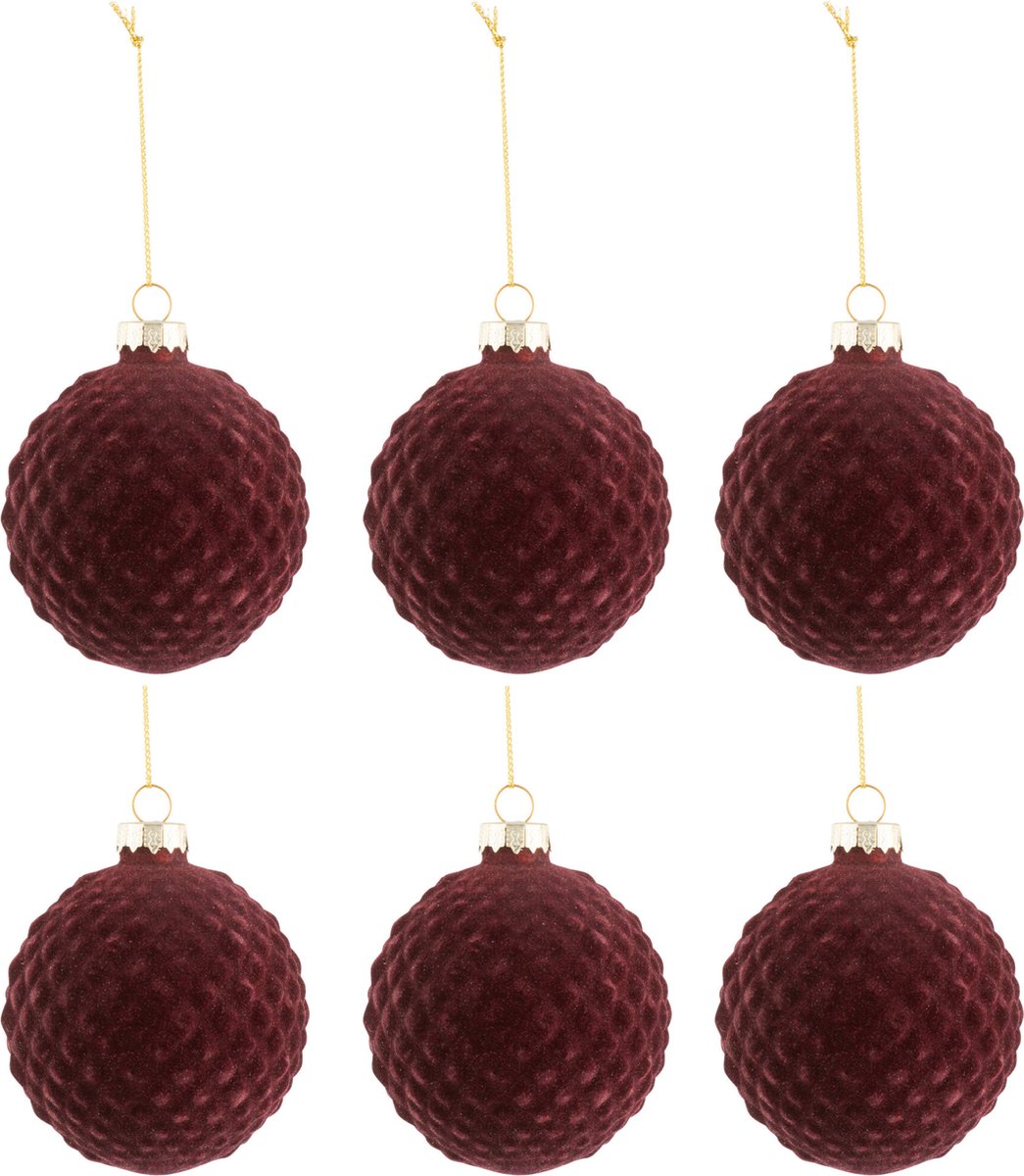 J-Line kerstbal Patroon - fluweel/glas - bordeaux - small - doos van 6