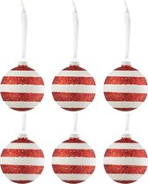 J-Line Doos Van 6 Kerstballen Strepen Glitter Glas Wit/Rd Small